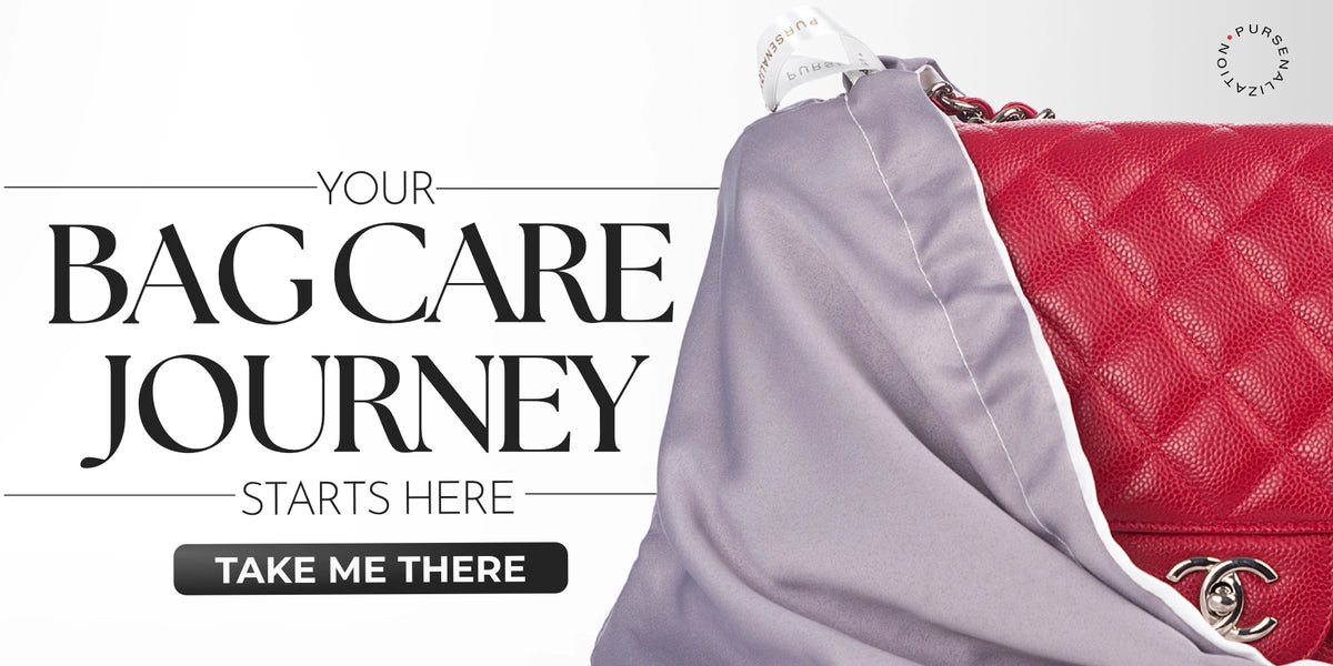 Promotional graphic for a bag care service, featuring a close-up of a red quilted Chanel handbag draped with a purple satin dust bag, alongside large text reading 'YOUR BAG CARE JOURNEY STARTS HERE" followed with TAKE ME THERE'.