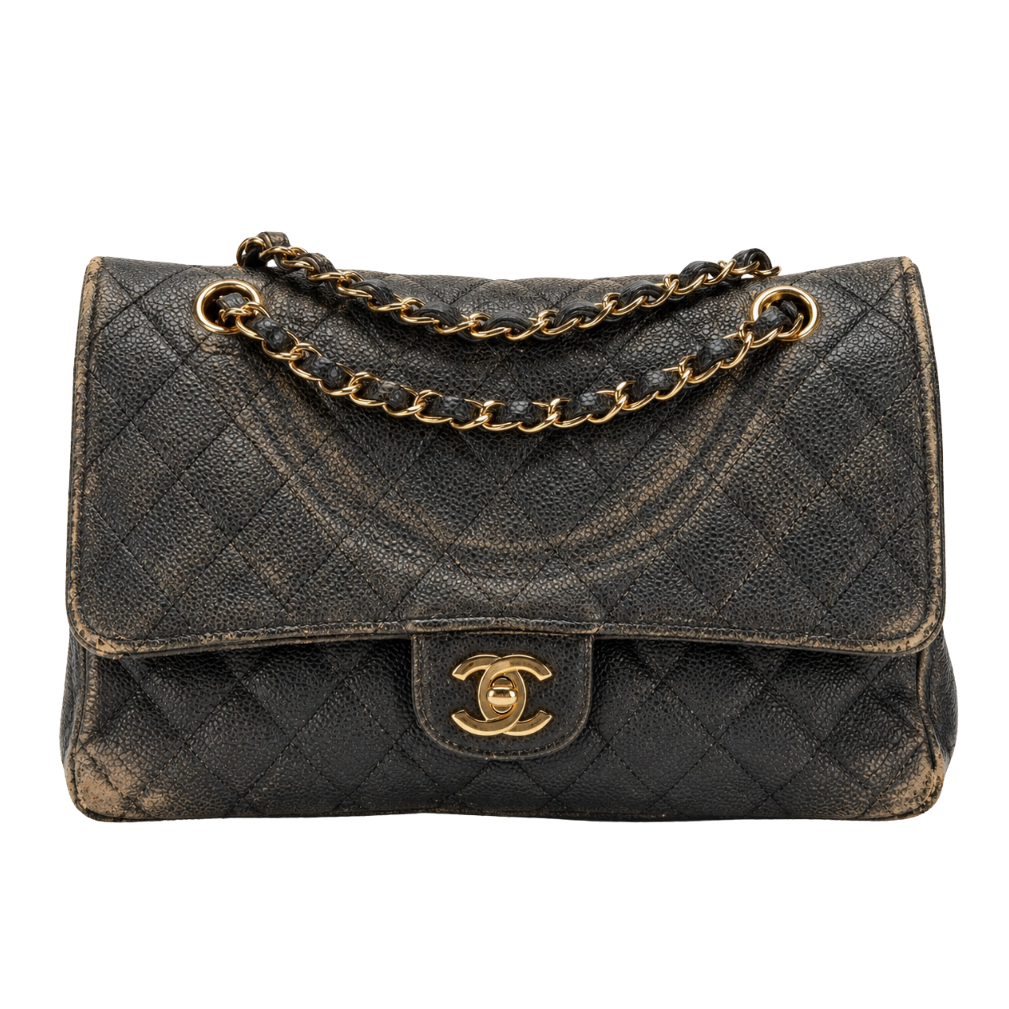 Black Chanel Classic Flap in poor condition with a slouched silhouette, discoloration, and chain marks.