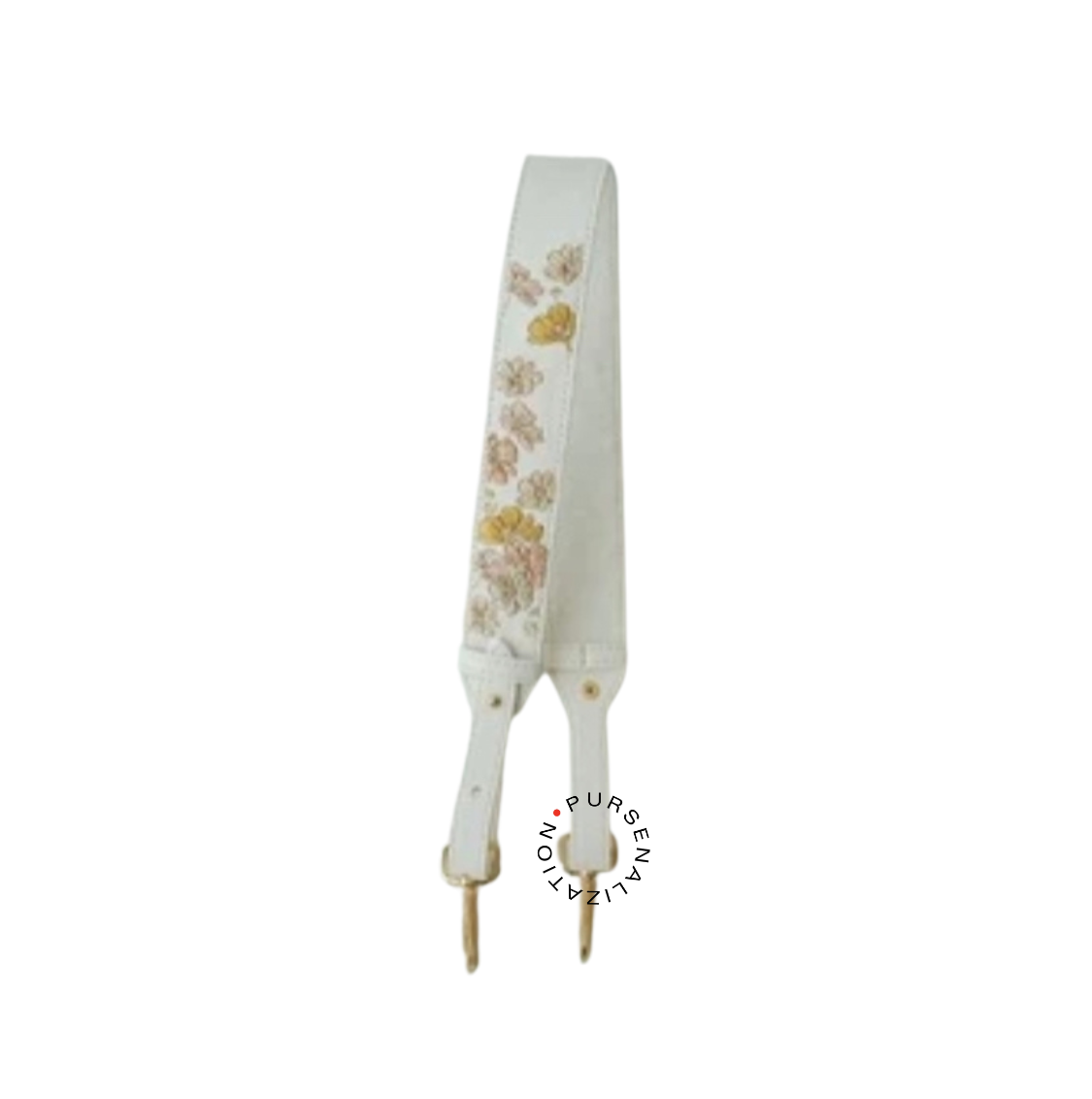 An image of a leather strap adorned with beige and yellow buttercup flowers embroidery, used for handbags in the variant Blanc, a shade of white.