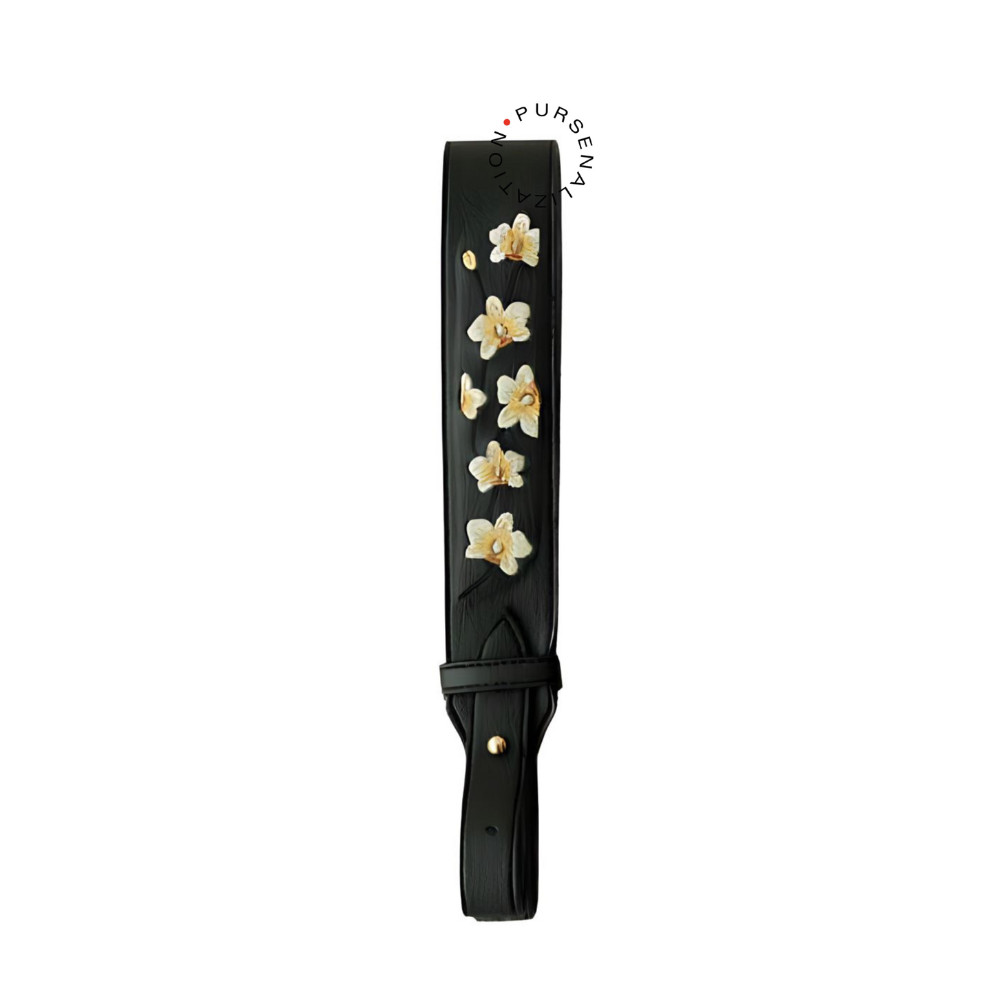 An image of a leather strap adorned with white primrose flower embroidery, used for handbags in the variant Gris, a shade of grey with black hue.