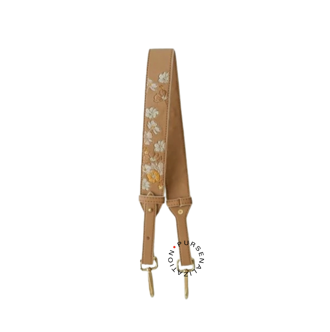 An image of a leather strap adorned with white and yellow buttercup flower embroidery, used for handbags in the variant Kraft, a blend of beige and gray color.
