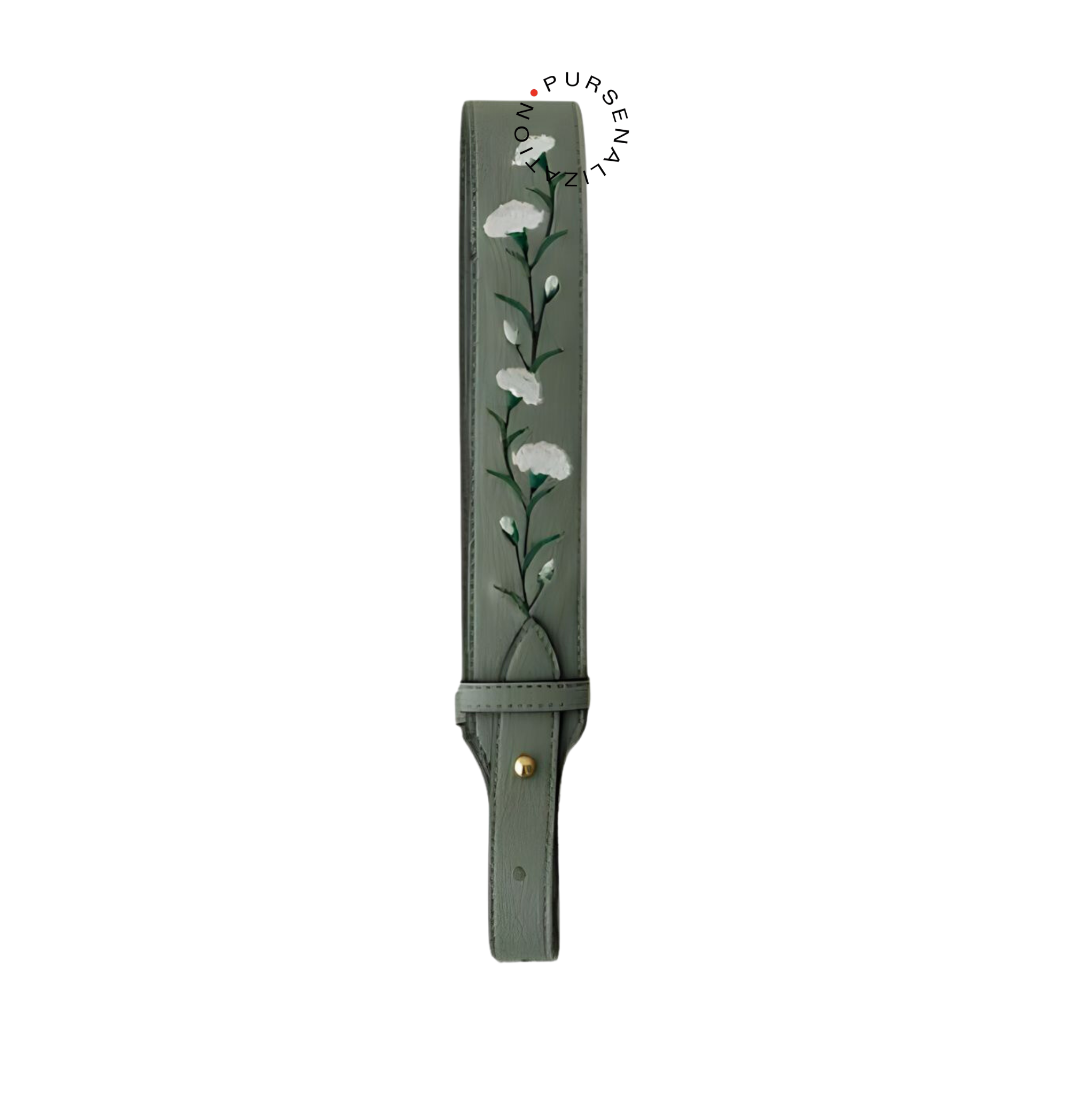 An image of a leather strap adorned with white marigold flower embroidery, used for handbags in the variant Marron, a shade of medium grey.