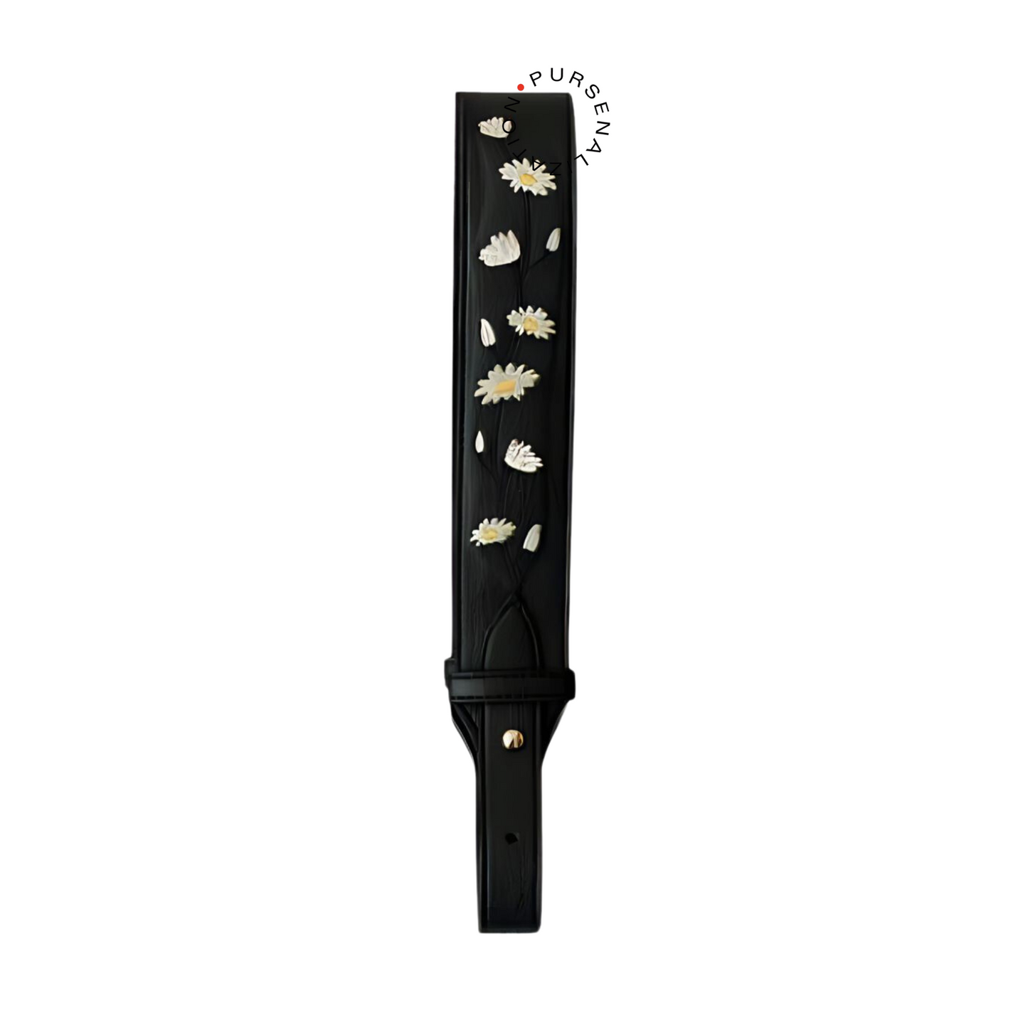 An image of a leather strap adorned with white daisy flower embroidery, used for handbags in the variant Gris, a shade of black with blue hue.