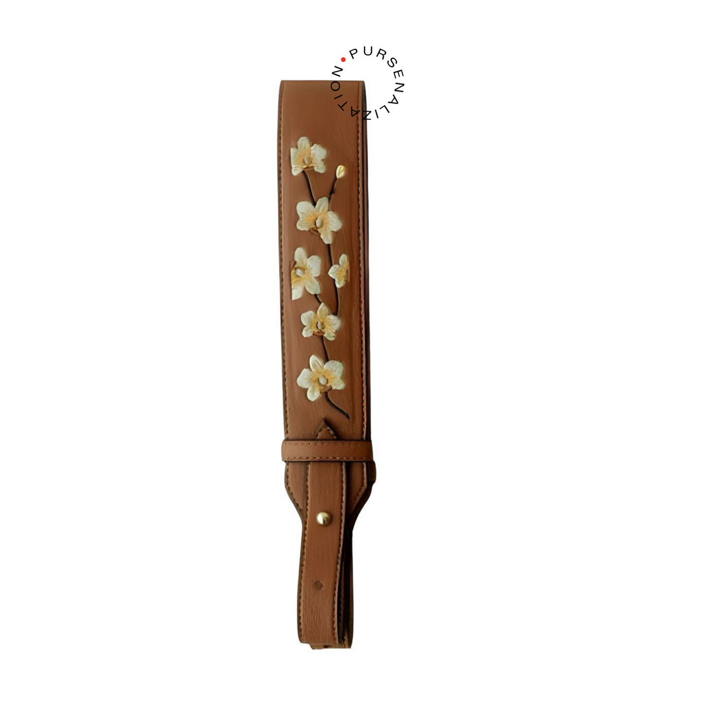 An image of a leather strap adorned with white primrose flower embroidery, used for handbags in the variant Rou, a shade of dark brown with a reddish-orange tinge.