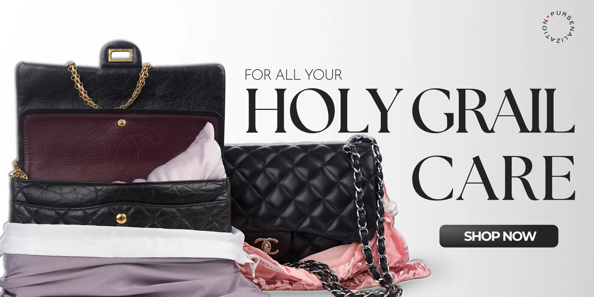 Black quilted handbag with pink interior on a white background, promotional text for 'Holy Grail Care'.