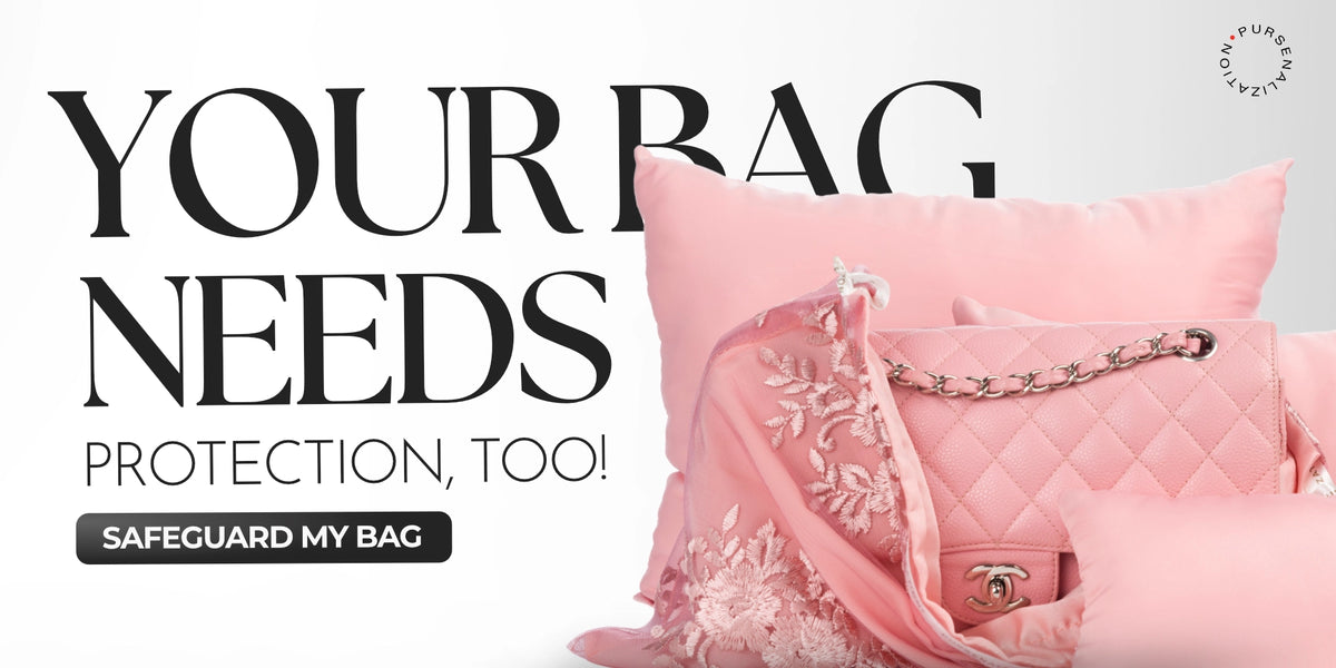 A pink quilted handbag with a chain strap and floral scarf draped over it, styled with pink pillows on a white background. Large text reads 'YOUR BAG NEEDS PROTECTION, TOO!' with a button that says 'SAFEGUARD MY BAG'.