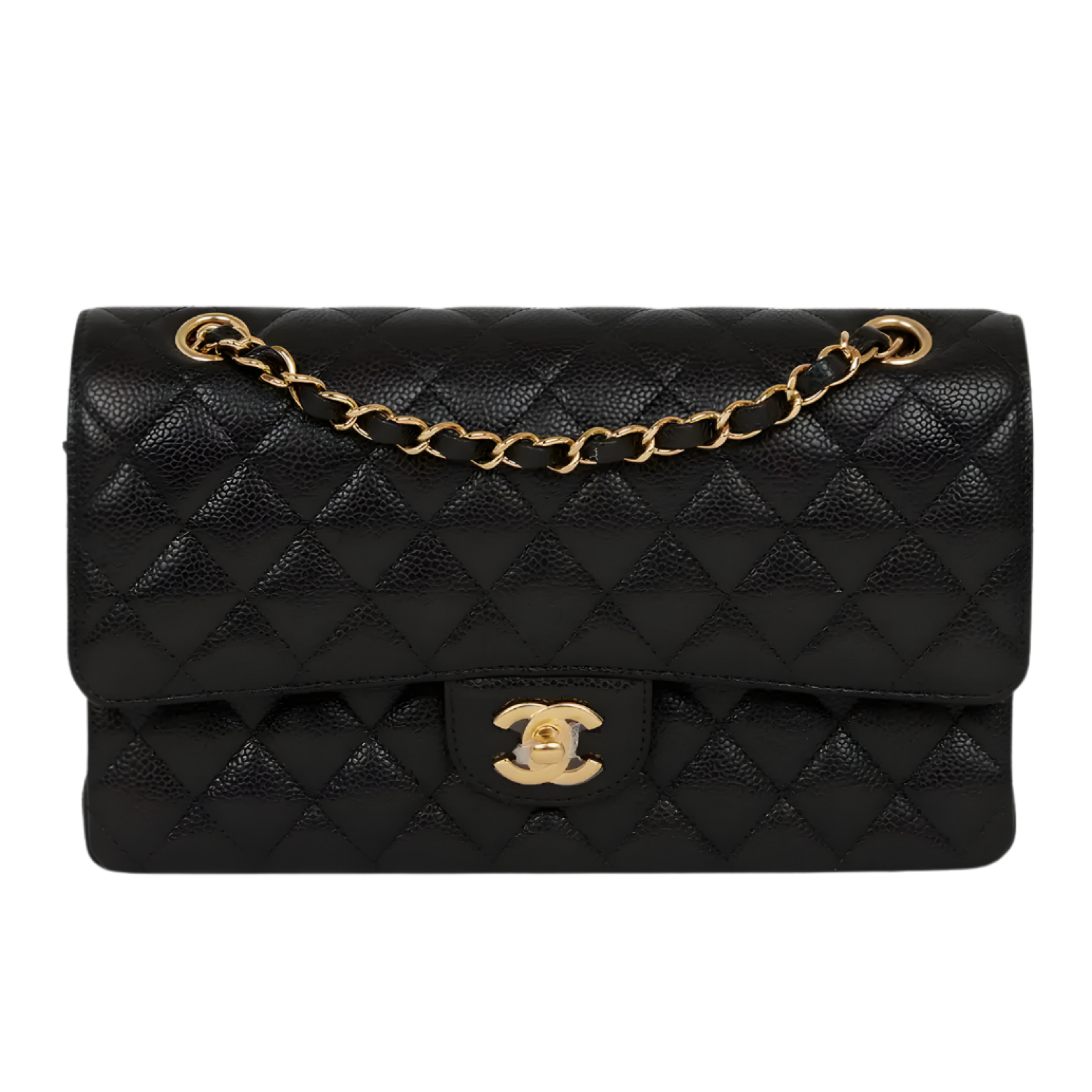 Black Chanel Classic Flap in well-maintained condition with sleek leather and sharp structure.